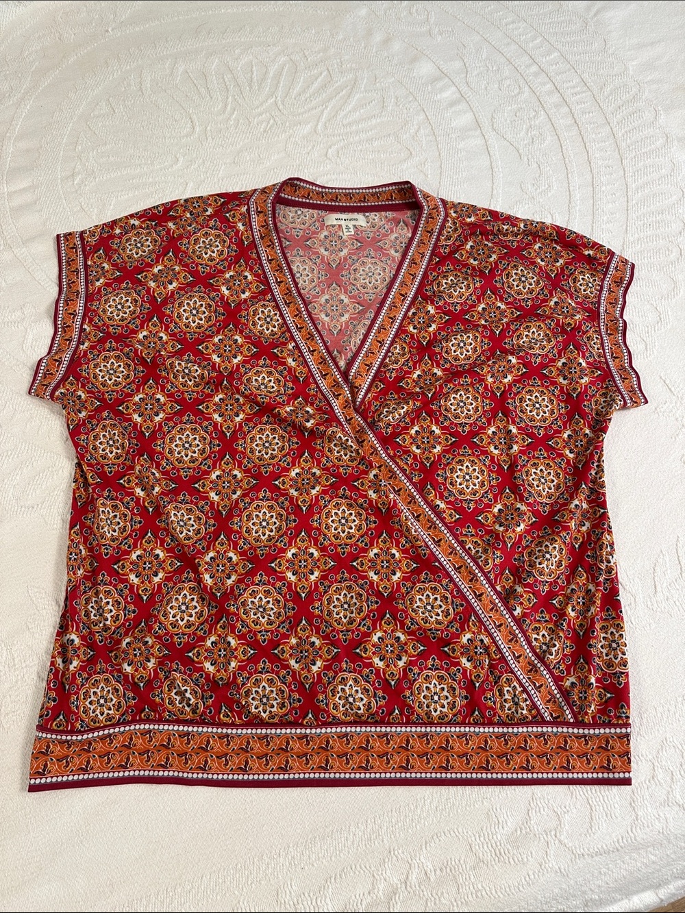 Max Studio Red Orange Printed Wrap-Front Short Sleeve Blouse